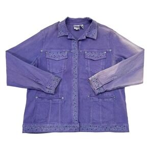 Vintage Diane Gilman Denim Jacket Large Purple Y2K Jewel Bedazzle Bleached